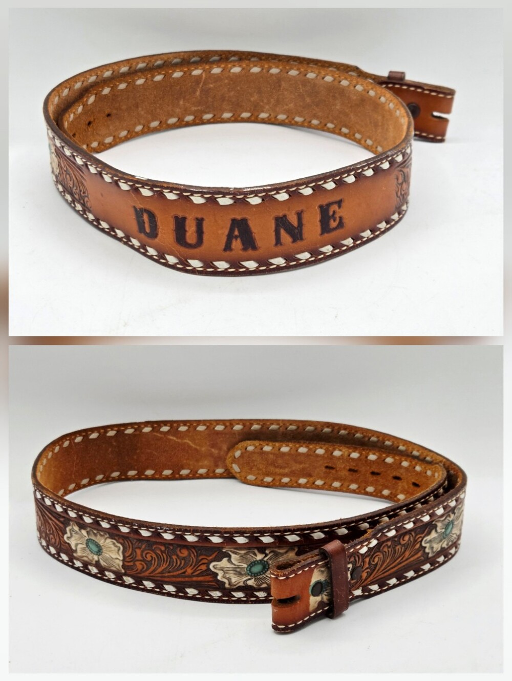 VTG Tony Lama Leather Belt DUANE Custom Name 42 Cowboy Western Tooled USA Made